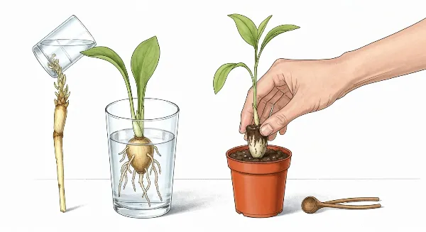 Repiquage délicat d'une bouture enracinée de l'eau vers le terreau