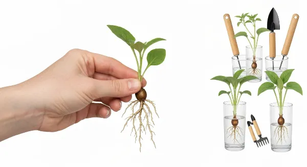 Main tenant une bouture avec racines, prête à être repiquée sans choc