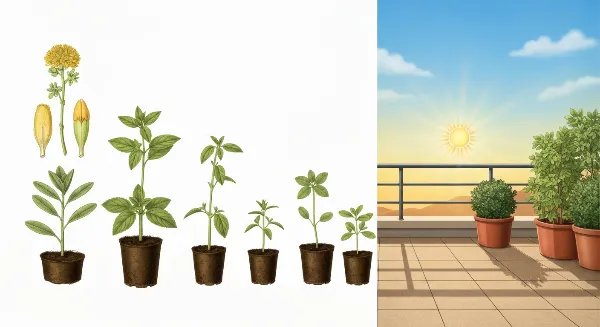 Jeunes plants en godets acclimatés progressivement à l'extérieur sur une terrasse ensoleillée.