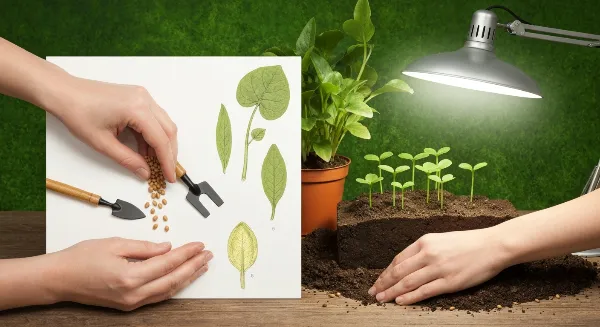 Personne semant des graines dans des godets de terreau pour plantes d'intérieur sous une lampe de culture.